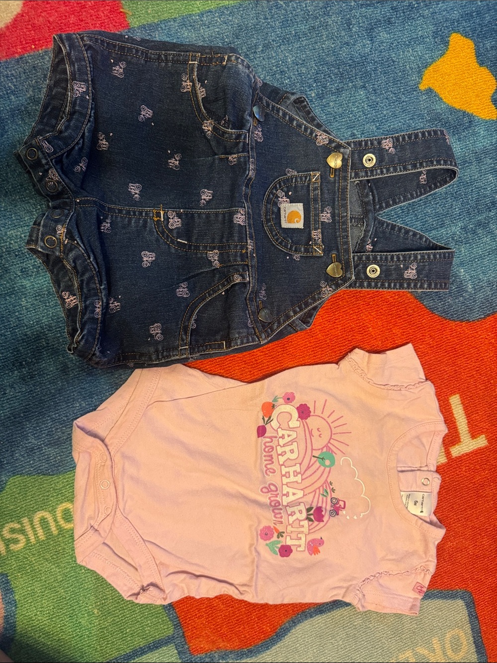 Carhartt Pink Graphic Bodysuit with Dark Denim Overall Dress